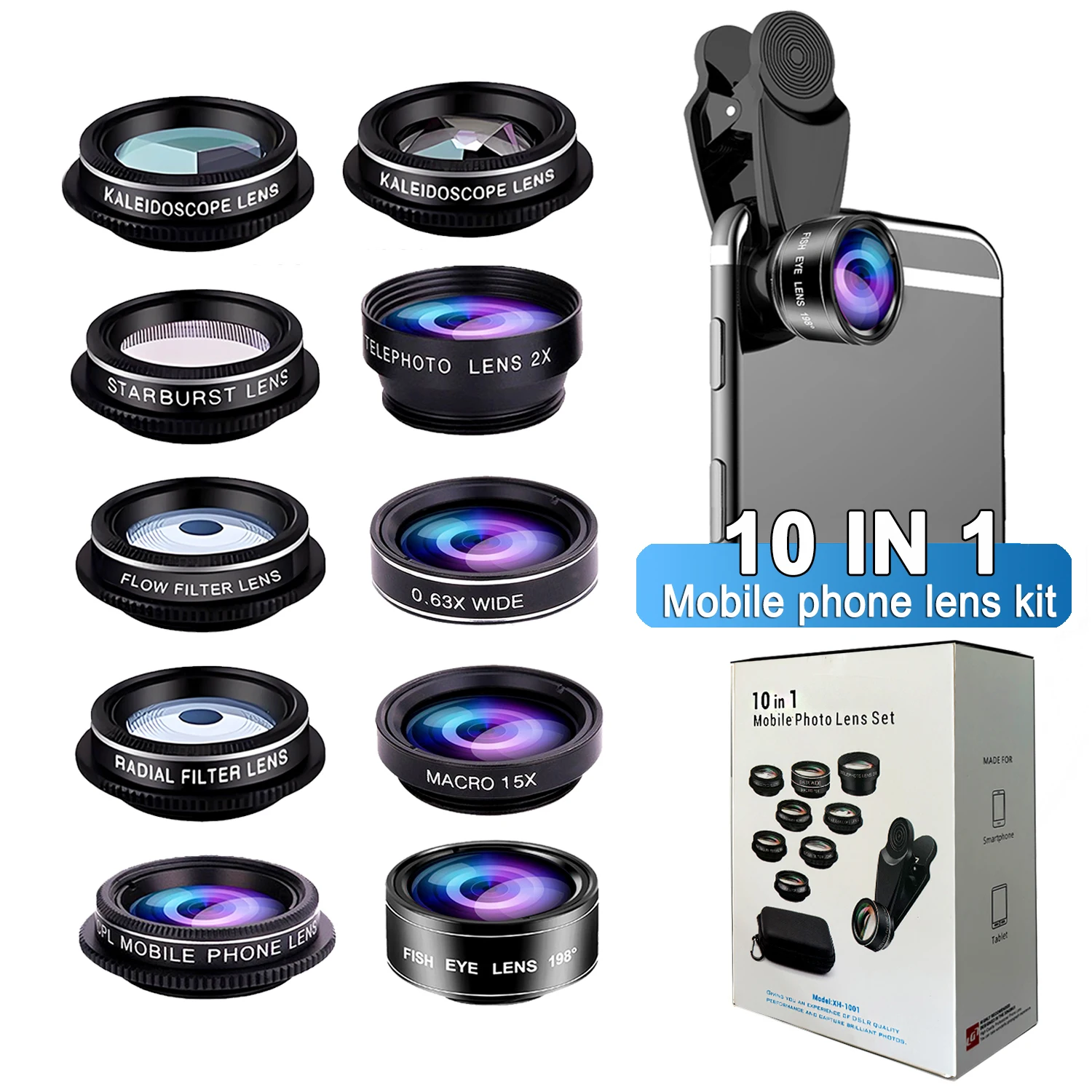 

Комплект объектива для мобильного телефона 10-в-1, широкоугольный макрофильтр для объектива телефона, звездообразный фильтр Cpl, подходящий для Iphone, Samsung и всех смартфонов