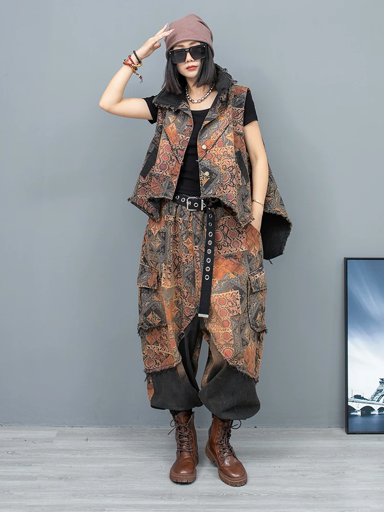 2024 Spring Summer New Trendy Personality Print Distressed Denim Irregular Vest Women LX1058