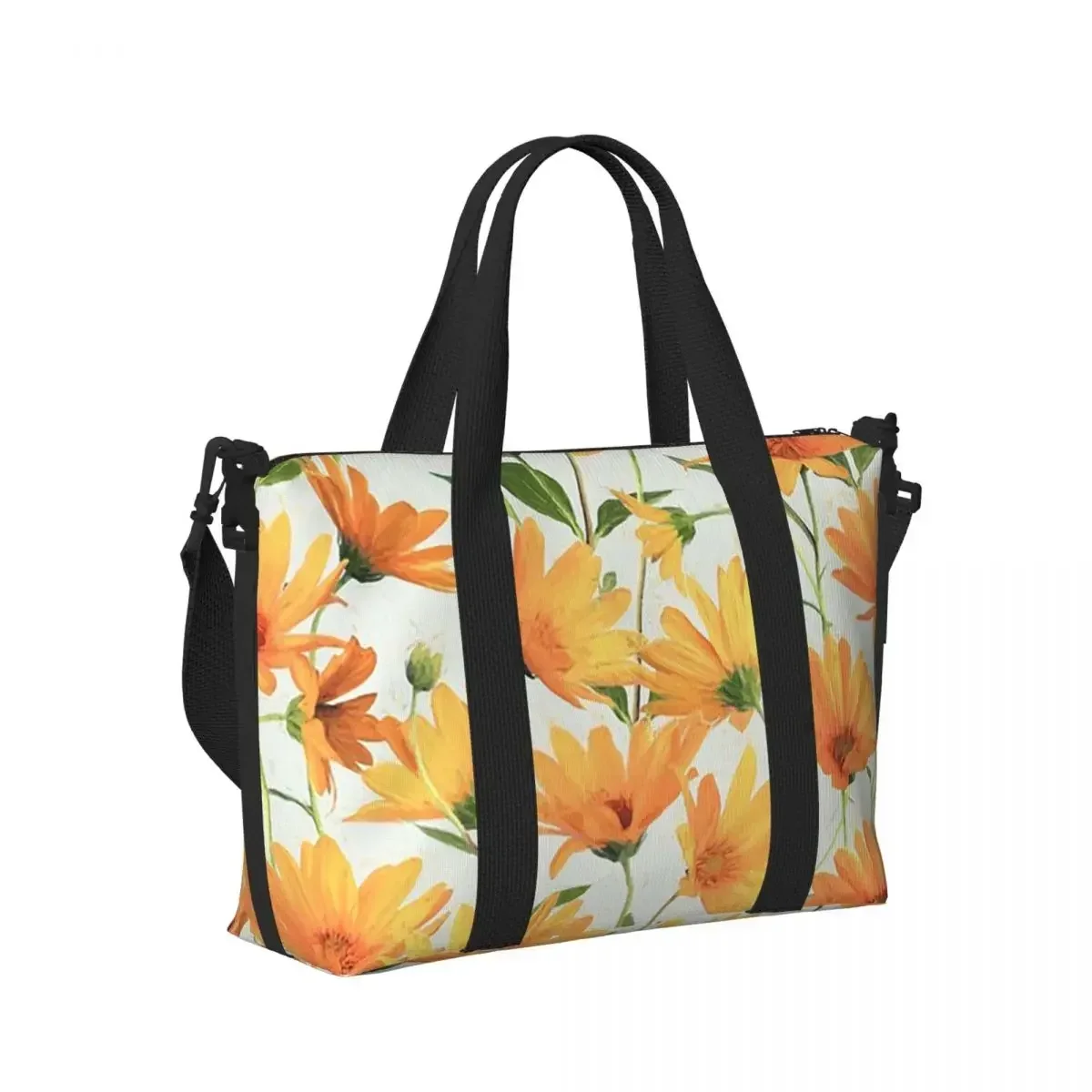 Funky Orange Daisy Floral Beach Travel Bag Large Capacity Tote Bags for Gym Yoga Women Shopping Duffle Shoulder Bag