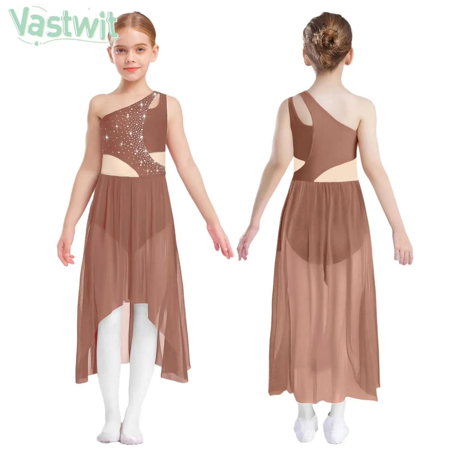 

6-16Y Girl Modern Lyrical Dance Dress One Shoulder Shiny Rhinestone Mesh Leotard Dancewear Skating Gymnastics Acrobatics Clothes