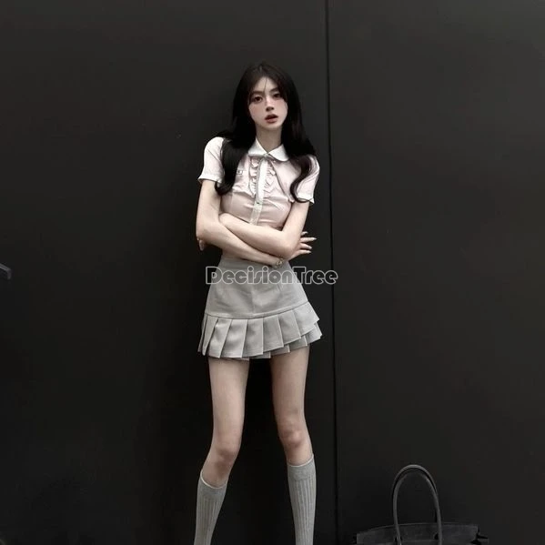 

2024 korean style academy uniform sweet girl bow daily jk uniform spicy girl tight fitting shirt high waist sexy pleated skirt