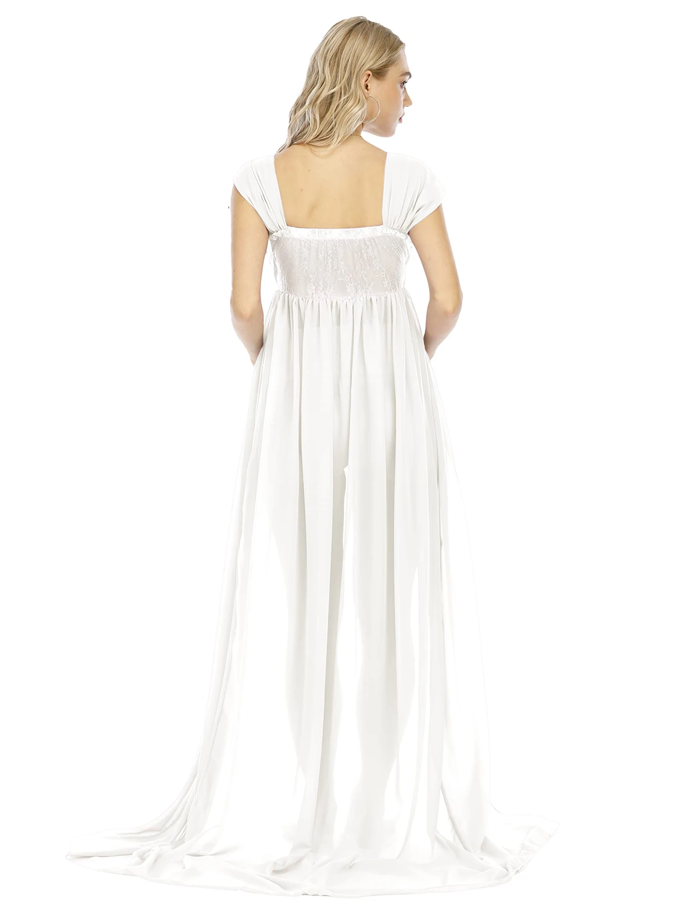 JustVH Maternity Off Shoulder Chiffon Lace Gown Split Front Maxi Photography Dress for Photoshoot