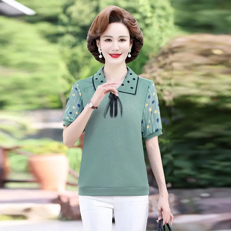 Middle-aged and Elderly Women's Summer Clothes T-shirt Tops Autumn Clothes Large Size Fashionable Base Shirt