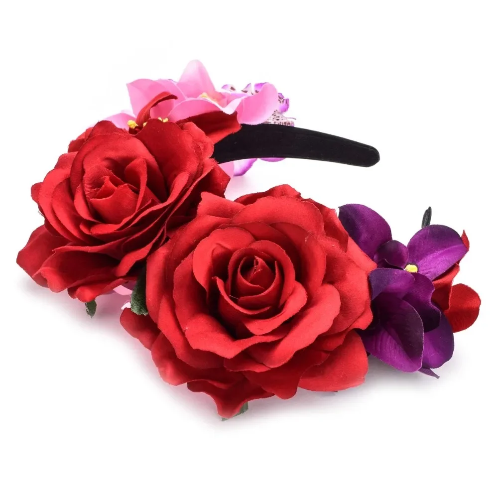Mexikanischer Tag der Toten Rotes Rosen-Blumen-Stirnband, Künstliches Blumen-Haaraccessoire für Halloween, Katrina Cosplay Kopfreif – Detail 7