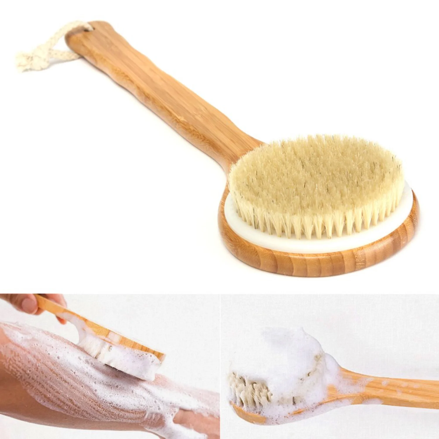 

Natural Bristle Exfoliating Bath Brush with Extra Long Handle - Wooden Brush for Back Body Scrub, Scrubber Massager for Shower S