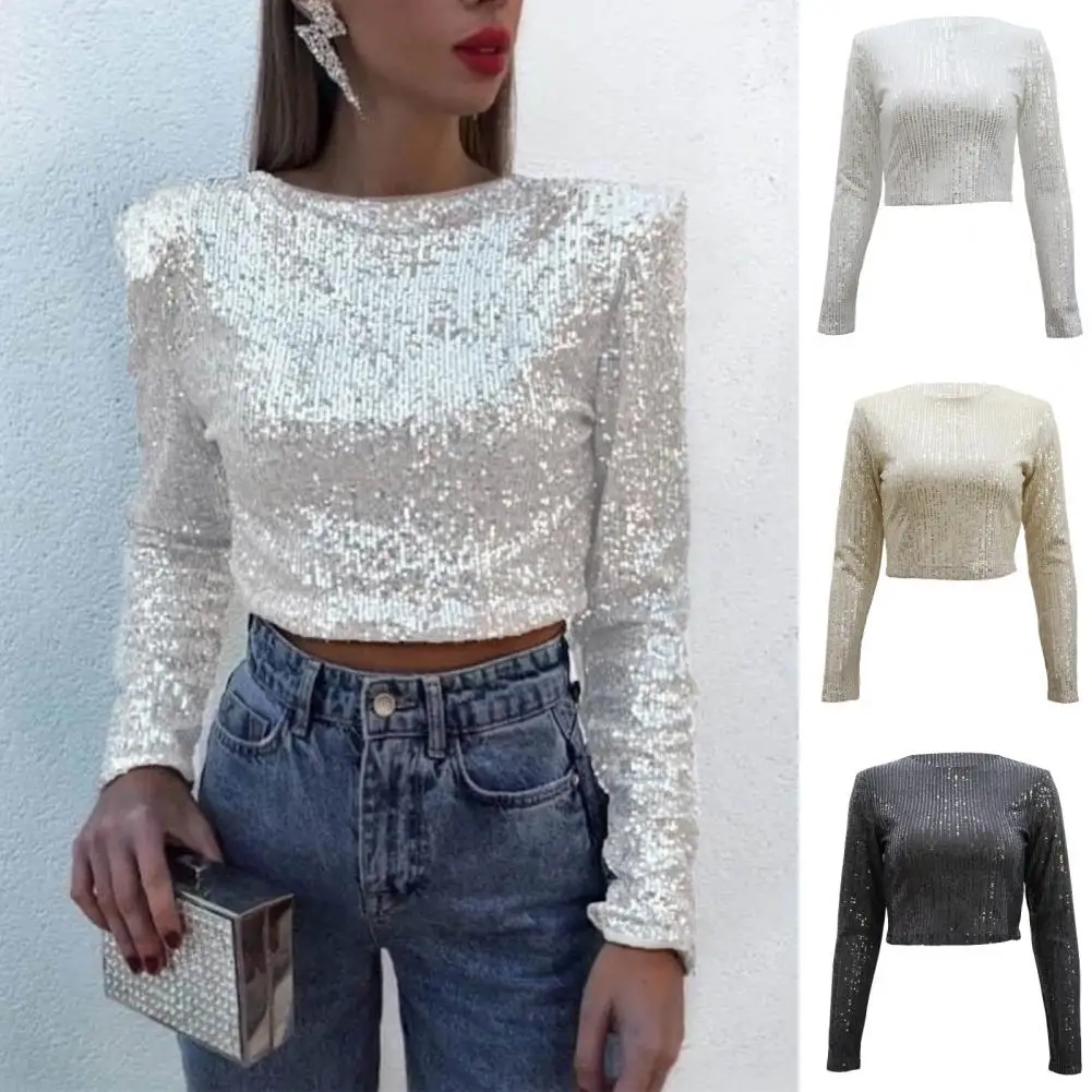 Slim Fit Round Neck Tee Sequin Embellished Long Sleeve Cropped Top Round Neck Slim Fit Tee dla kobiet Stylowy luźny krój Krótki