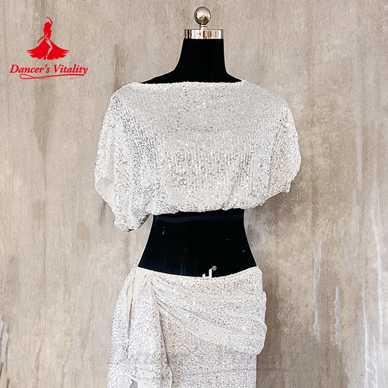 طقم رقص شرقي نسائي ، قميص نوم قصير مزين بالترتر حسب الطلب ، تنورة طويلة منقسمة ، 2-زي أداء شرقي