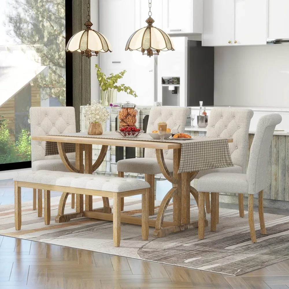 6 Pieces Wood Dining Table Set with Bench, Retro Rectangular Table with Unique Legs and 4 Upholstered Chairs & 1 Bench