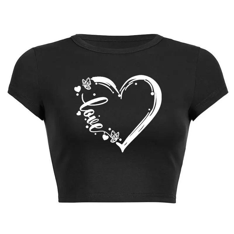 

New Butterfly Love Heart Printed T-shirt Summer Casual Y2K Short Sleeve O Neck Cropped Navel Women Crop Tops Fashion T-Shirt