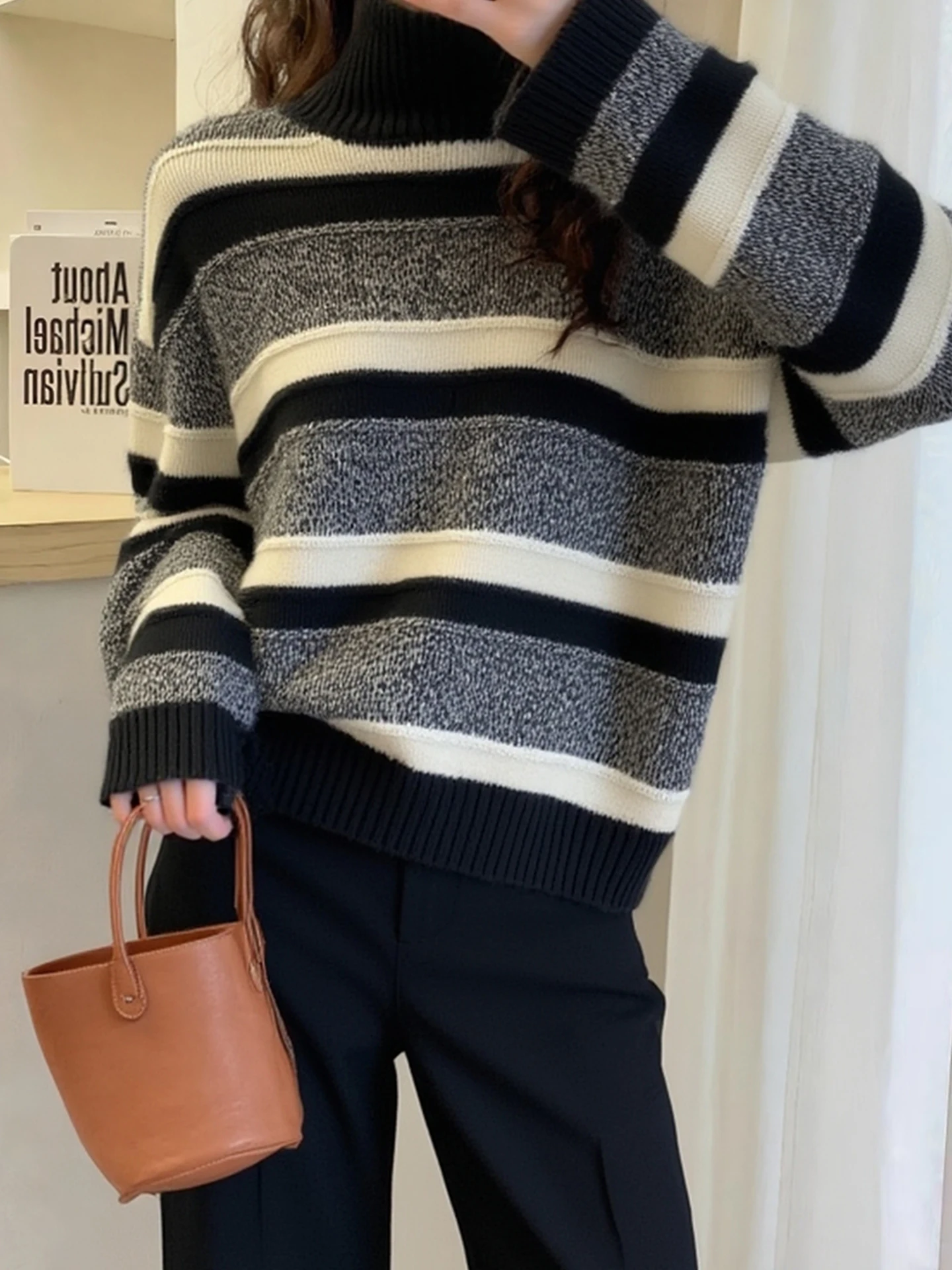 

Laid-ba Sle High Collar Striped Color Blo Knitwear Loose Slimming Commute Sweater Long Sve Chic Top Winter Faion