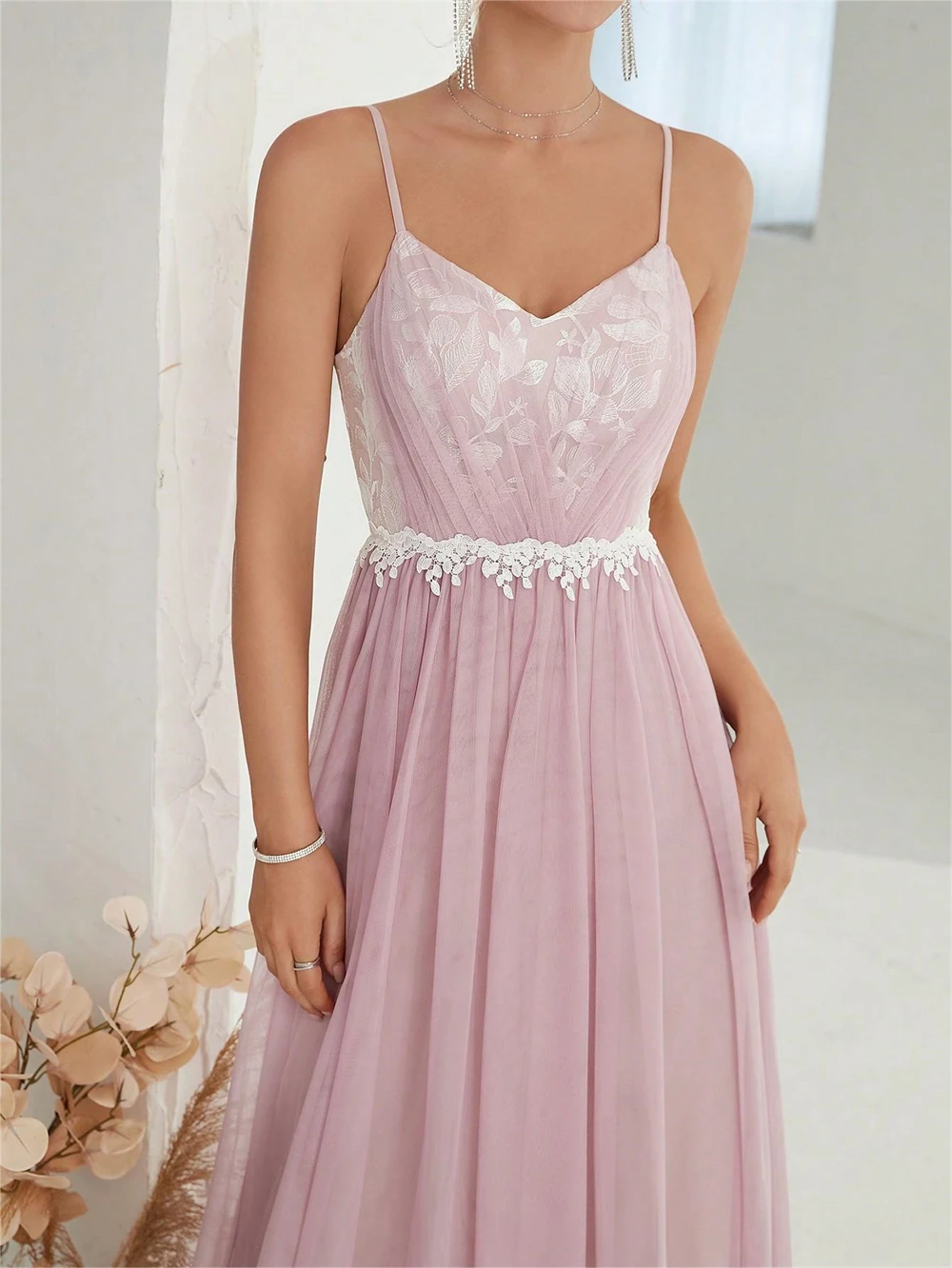 Elegant Dusty Rose A Line Long Dress Evening 2024 Spaghetti Straps Appliques Tulle Women Formal Gowns For Wedding Party