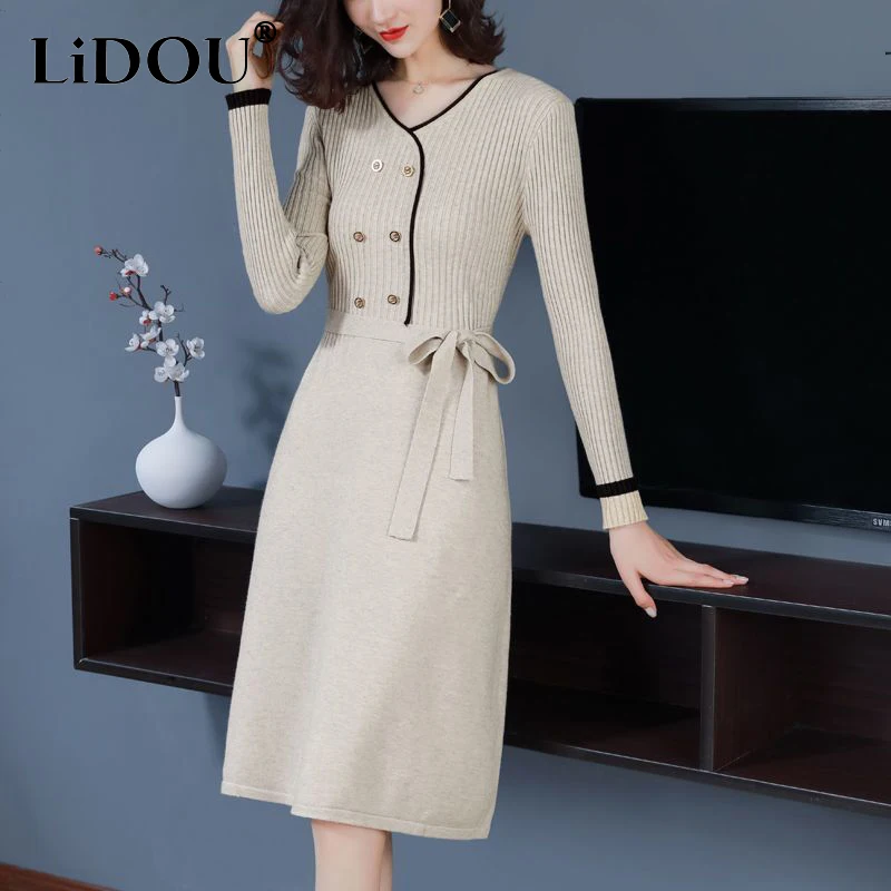 Autumn Winter Women's Elegant Fashion Slim Knitted Midi Dress Ladies V-neck Chic Buttons Temperament Vestido Casual Belt Dresses