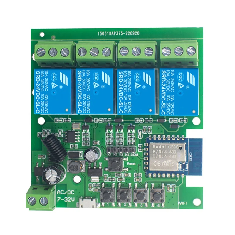 A32T-Wifi Wireless Switch Smart Module 4 CH DC7V-32V Inching Self-Lock RF433 10A Relay Smart Life Tuya APP Control