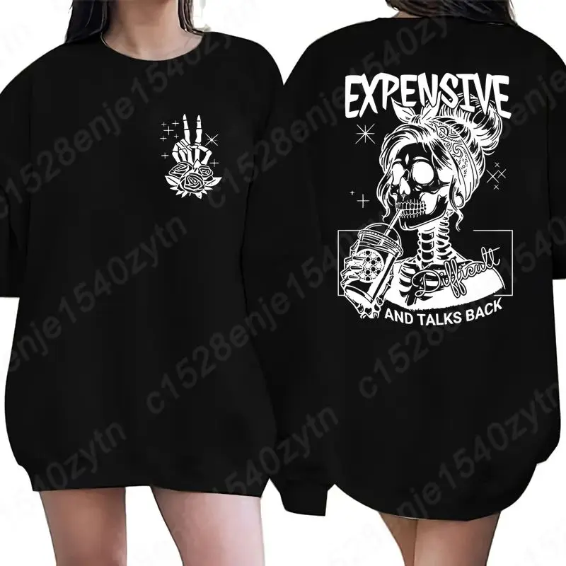 

Skull Expensive Difficult And Talk Back Print Sweatshirt, Long Sleeve Crew Neck Casual Pullovers, Women's Oversized Sweatshirts