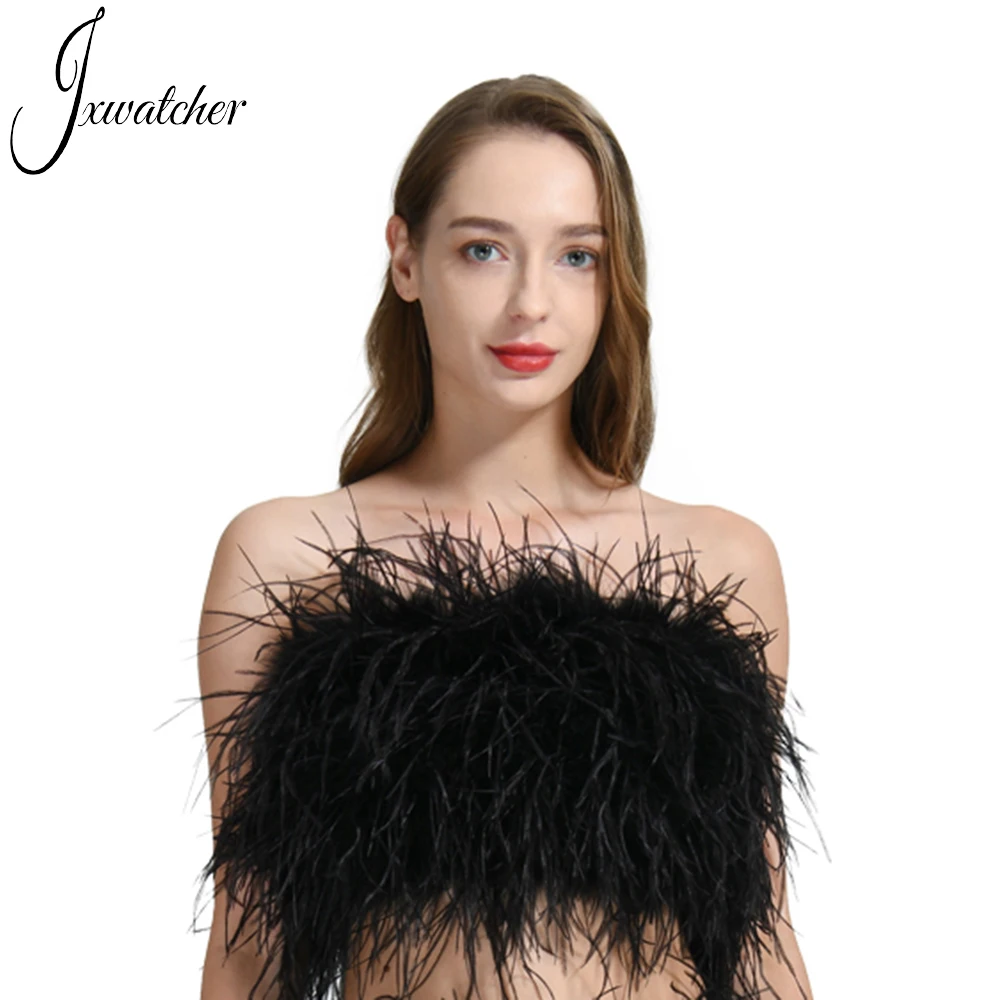 Jxwatcher Women's Ostrich Tube Long Feather Bra Spring Summer Fashion Sleeveless Crop Top Lady Sexy Strtch Underwear Party Vest