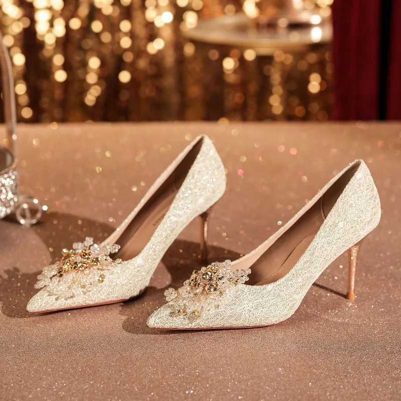 

8.5cm Women's Pumps and Heels Luxury Sequined Pearl Buckle Banquet Wedding Shoes for Women Temperament Thin Heel Women's Shoes