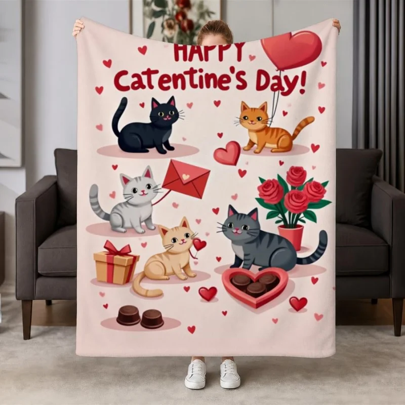 Happy Catentine's Day Cartoon Cats Valentine Flannel Throw Blanket,Funny Kitten Love Heart Rose Chocolate Blanket for Cat Lover