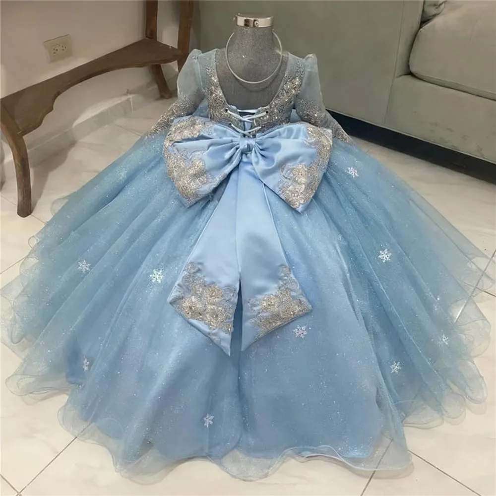 

Sparkling Flower Girl Dress For Wedding Applique Long Sleeves Bow Girls Birthday Party Kids First Communion Ball Gown Customized
