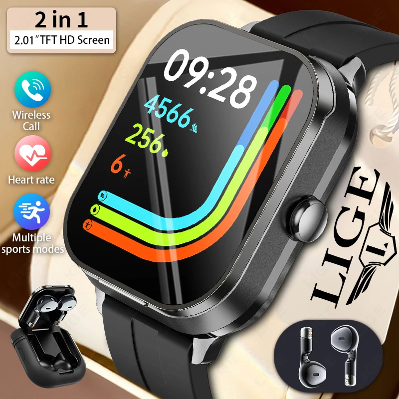 

LIGE Новые Смарт-часы 2в1 для мужчин и женщин, беспроводные наушники, музыкальные Bluetooth-часы с вызовом, NFC 2,01 дюйма, HD, умные часы для фитнеса с большим экраном
