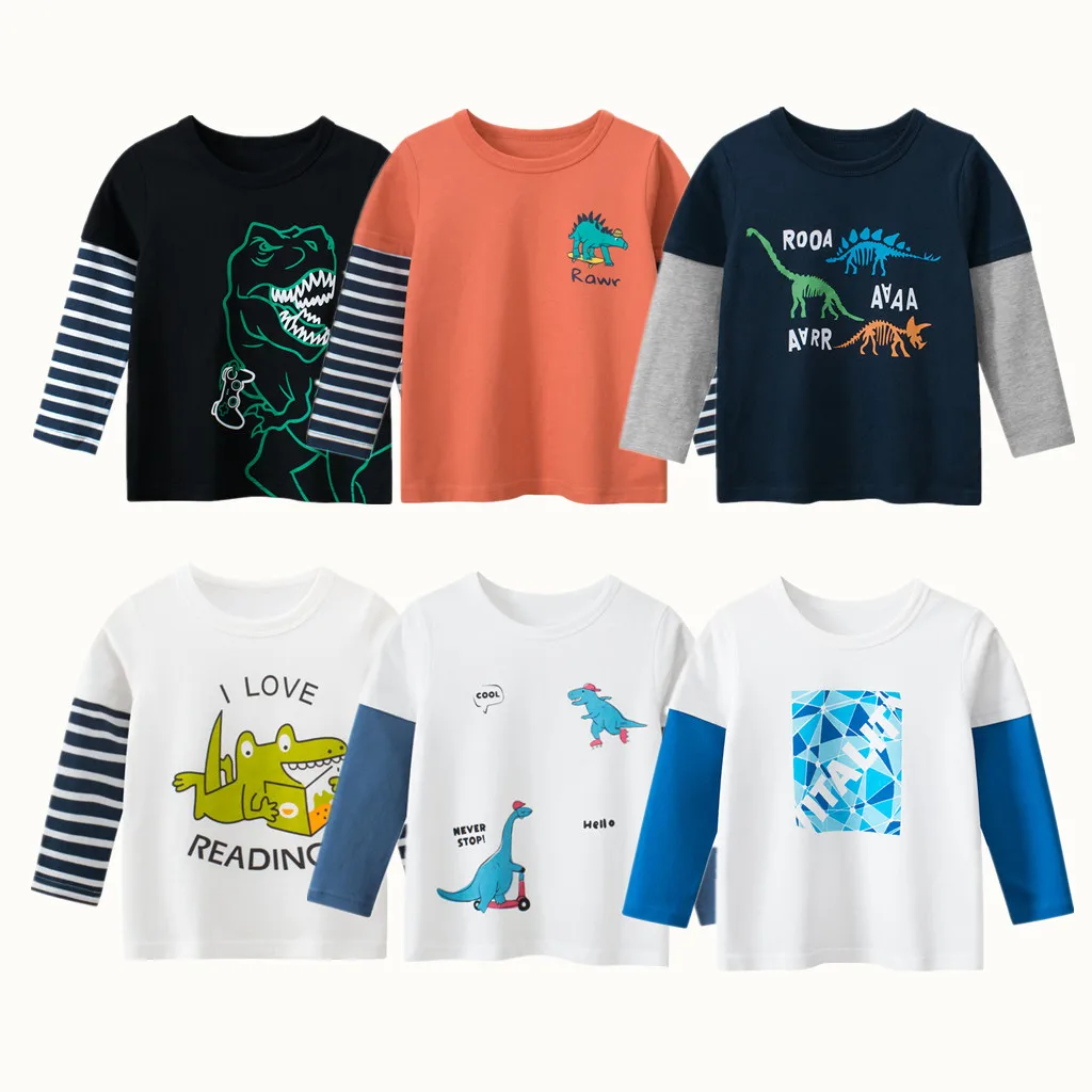 

2023 Autumn Dinosaur Cartoon Kids Long Sleeve T-Shirts Clothes 100% Cotton Tops Boys Girls Casual Sport Tees Bottoming Shirts