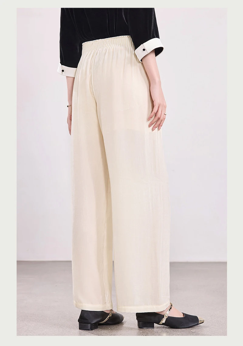 Fengbaoyu Luxury Silk Velvet Women's Wide Leg Pants Stretch Waist Wide Leg Pants with Simple Outdoor Leisure Wear Comfortable