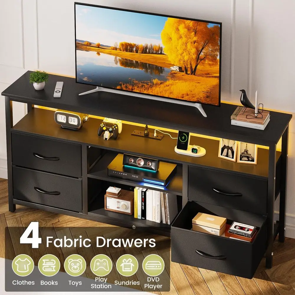 حامل تلفزيون للتلفزيونات حتى 65 بوصة، مركز ترفيه مع أضواء LED ومحطة شحن، طاولة وحدة تحكم وسائط التلفزيون مع #6