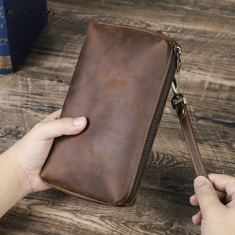 

CONTACT'S RFID Genuine Leather Clutch Bags For Men Men Handbags Coin Purses Card Holders Phone Pocket Money Clip Men's Wallet