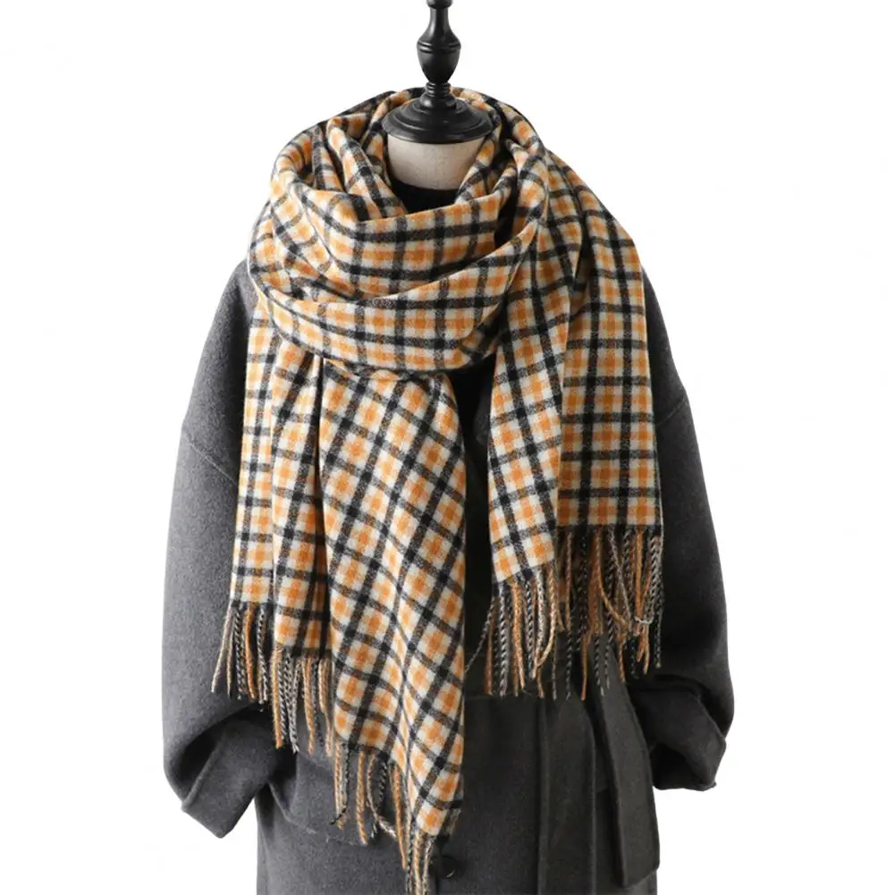 

Вязаная шаль в клетку с принтом и украшением с кисточками, теплый женский шарф, универсальный мягкий на ощупь шарф, женская зимняя шаль