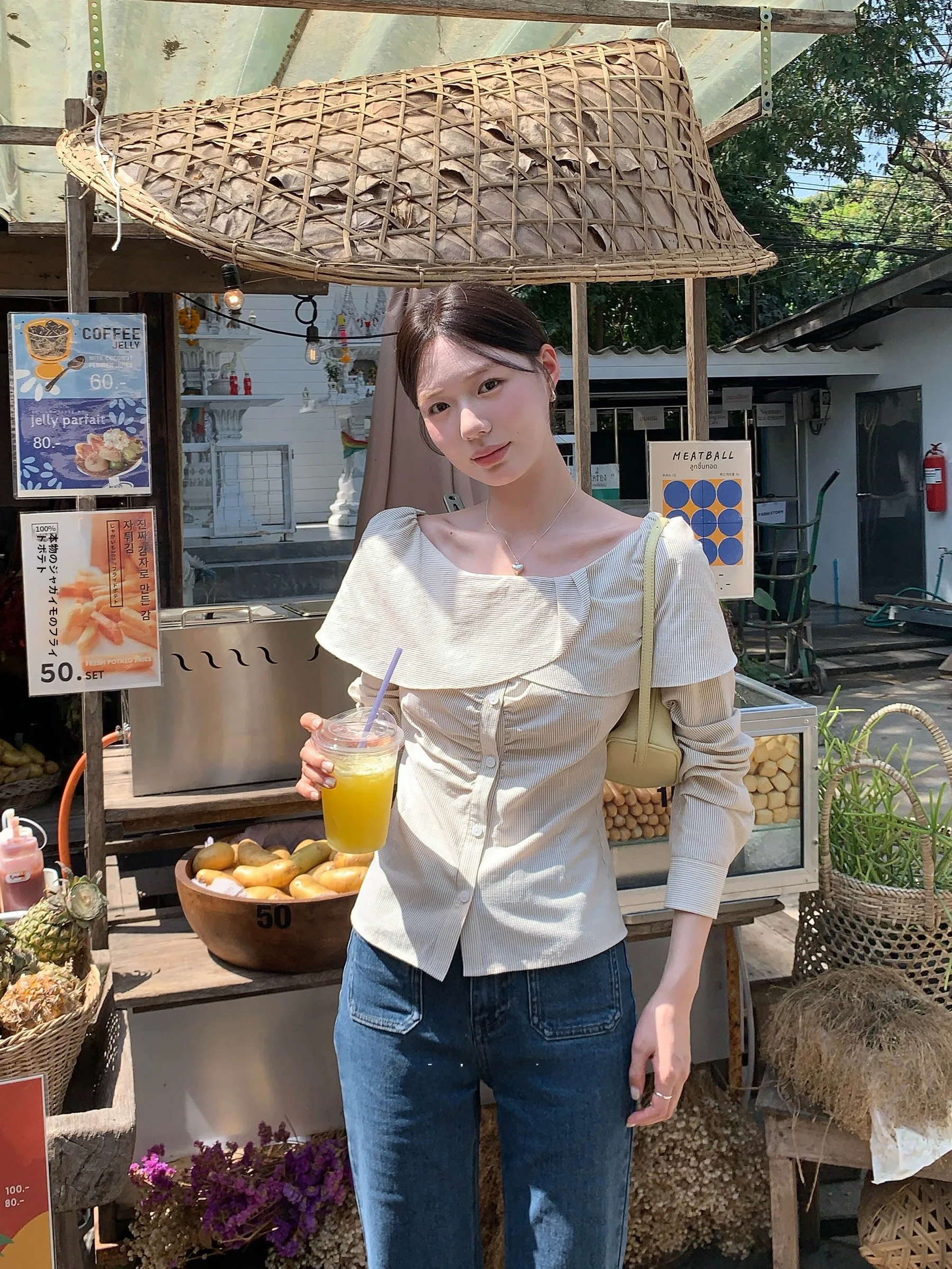 

Рубашка Slim Fit в полоску с крупным цветочным принтом DH【Jasmine Bookmark】Весенняя рубашка с отложным воротником, подчеркивающая талию, нежный дизайн, длинный рукав