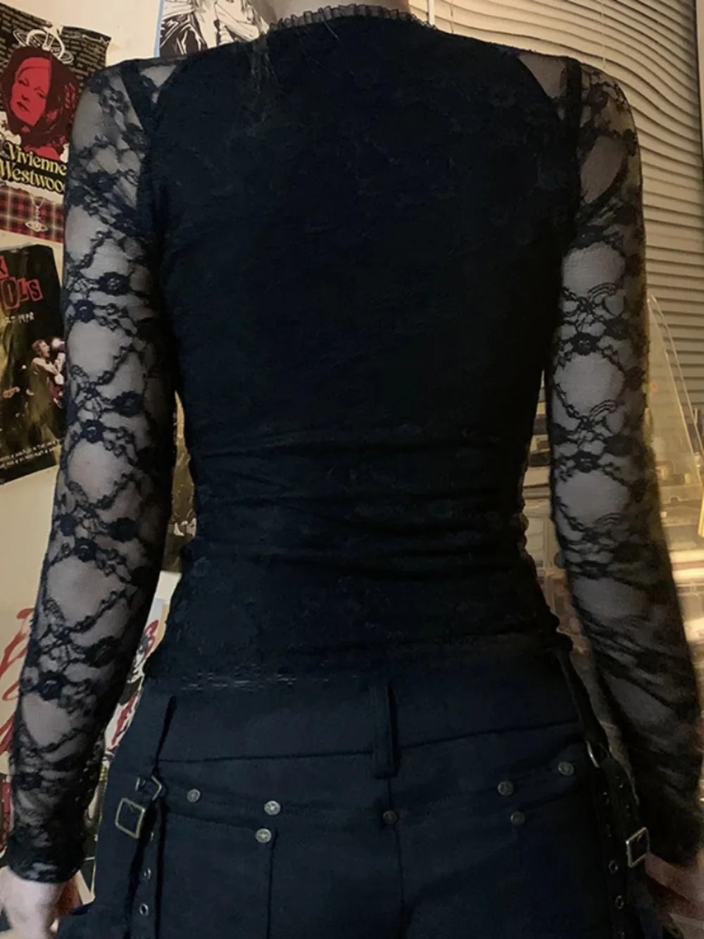 섹시한 레이스 티셔츠 여성 빈티지 다크 고딕 시스루 긴팔 브이넥 크롭 티 탑 레이브 의상 여성용