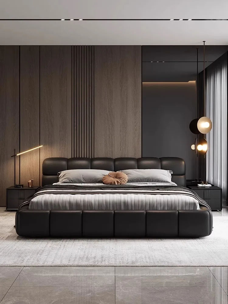 Puff bed Cream light luxury modern cloth bed 2023 new small apartment master bedroom double black nappa leather art bed