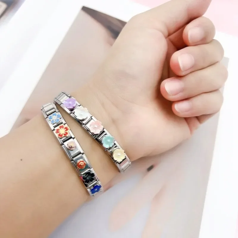 2024 신상 여성용 화려한 꽃무늬 탄성 이탈리아 참 링크 9mm 스테인리스 스틸 모듈식 팔찌 제작용 쥬얼리