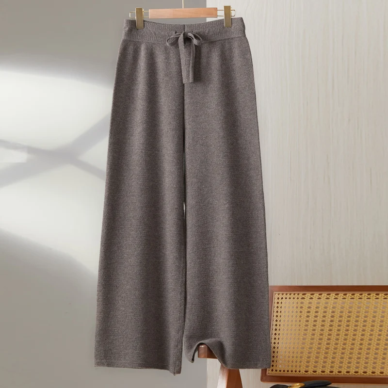 Spring Autumn New Women\'s 100% Merino Wool Knitted Long Pants Slim Fit High Waist Wide Leg Pants Solid Color Loose Pants