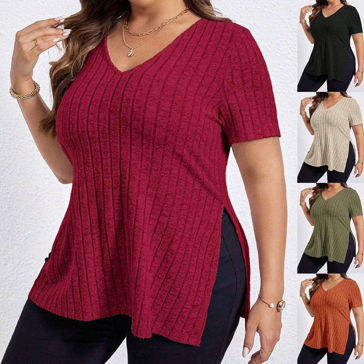 Koszulka damska 1XL-5XL Plus Size Letnie koszulki damskie w jednolitym kolorze z dekoltem w szpic i krótkim rękawem Luźne czarne koszule z rozcięciem