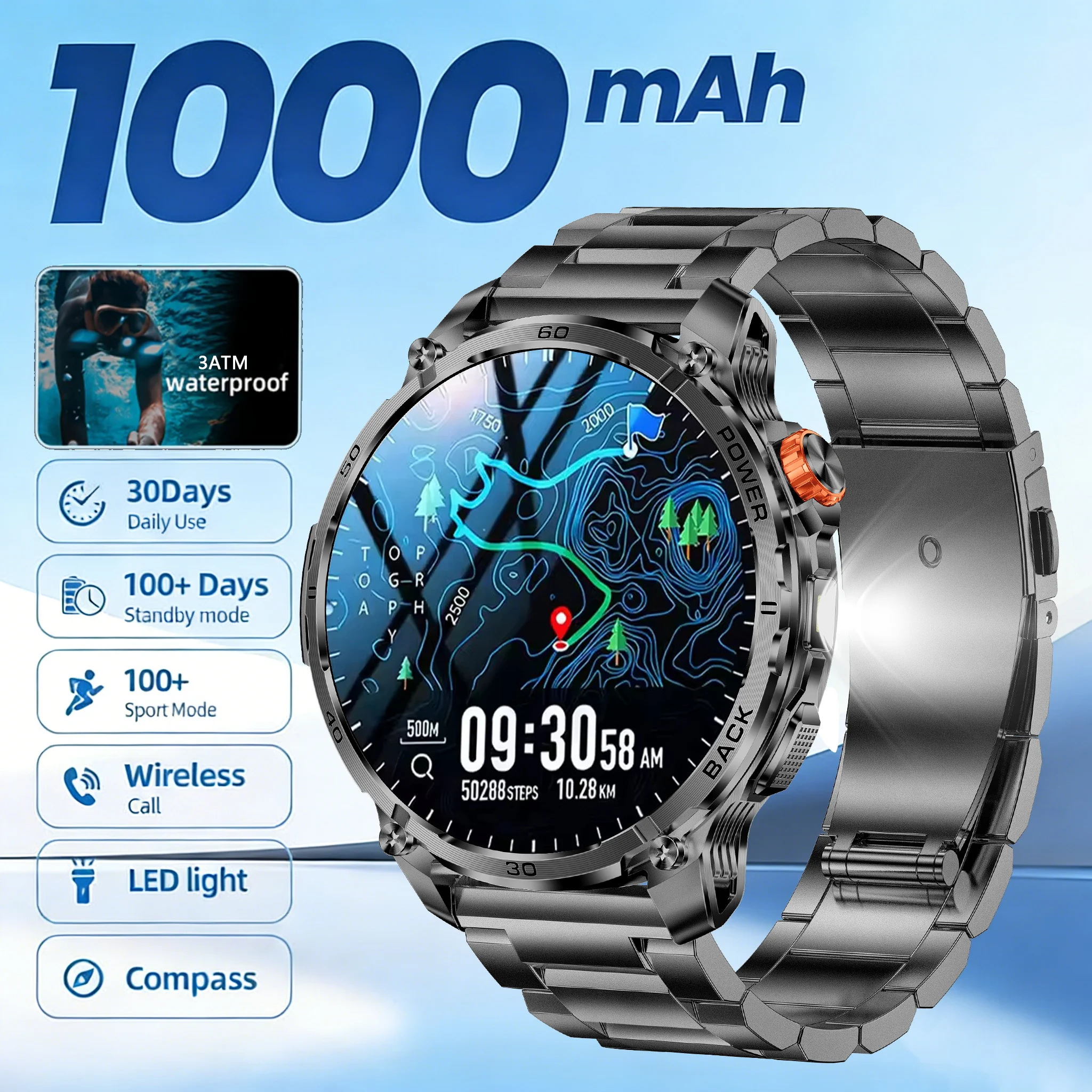 

Новые смарт-часы 2026 года с аккумулятором 1000 мАч для мужчин, для активного отдыха, со светодиодным фонариком, мужские смарт-часы с Bluetooth-звонками