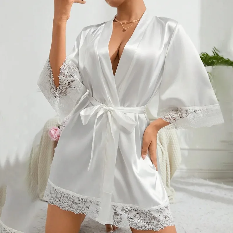 2025 nuove signore elegante abito in raso pizzo kimono corto indumenti da notte camicia da notte scollo a V con cintura pigiama da sposa regalo damigella d'onore