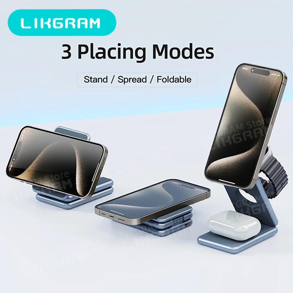 

3-in-1 Wireless Charger MagSafe Foldable Magnetic for iPhone 12-17 Apple Watch Series 3-4 Not Compatible with AirPods 2（AK09））