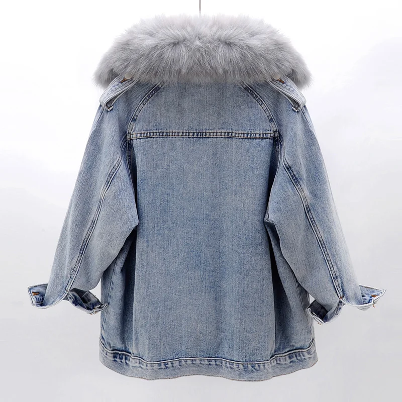 Winter Fox Fur Collar Removable Rex Rabbit Fur Liner Denim Jacket Coat Women Outerwear Long Sleeve Parker Jeans Jackets Female