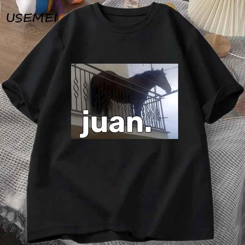 Juan Silly Horse on Balcon Dank Meme camisetas gráficas hombre divertido cuello redondo pantalón corto Casual manga camiseta verano Tops Y2K
