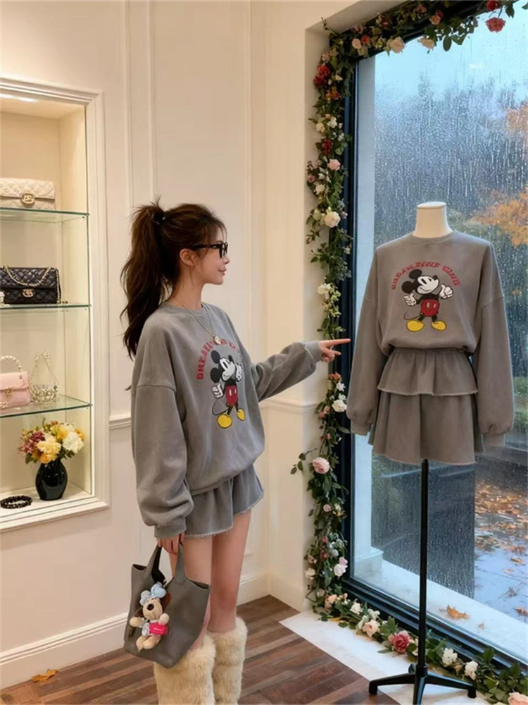 

Korean Sle Gentle Print round Ne Sweater Set Women Ele f Skirt Autumn New Arrival Faionable Two-Piece Suit
