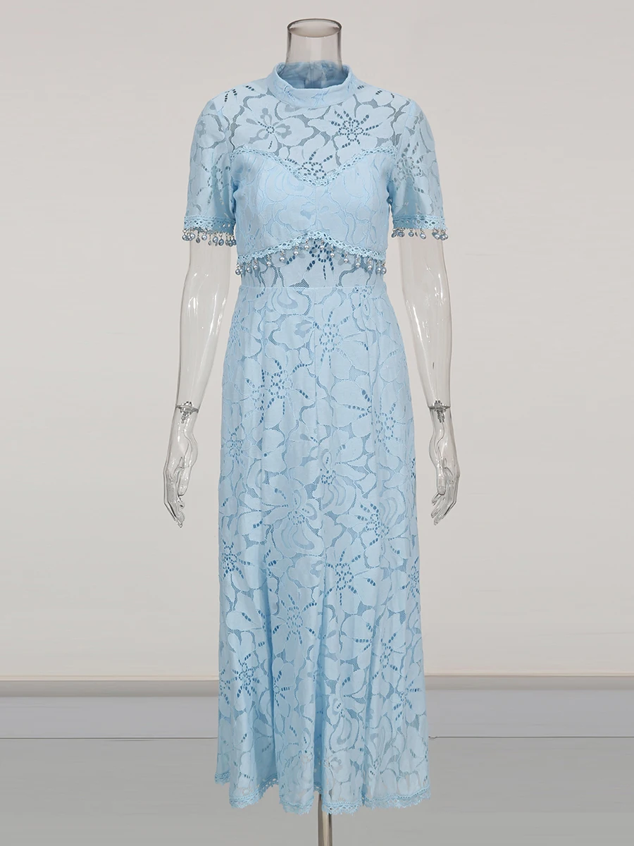 TWOTWINSTYLE Solid Simming พิมพ์ชุดเดรสสําหรับสตรีรอบคอแขนสั้น SHEER Patchwork ชุดลูกไม้หญิงแฟชั่น