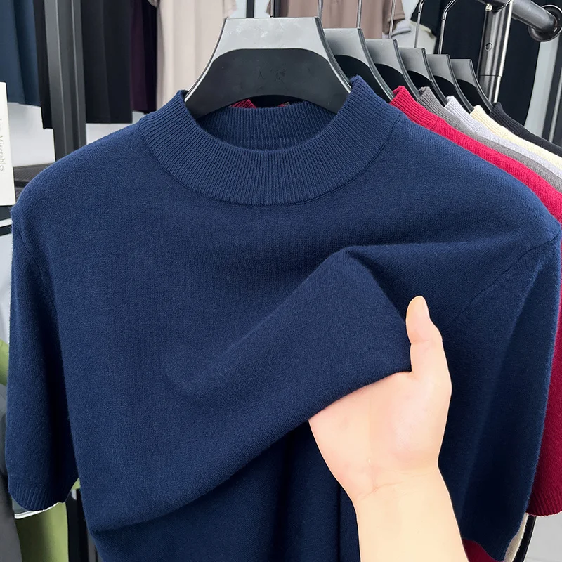 Herren Einfarbige Mock-Neck Kurzarm-Strick-T-Shirts Lässige Basis-Oberteile Weich Dehnbar Knitterfrei Für Alle Jahreszeiten Geeignet – Detail 8