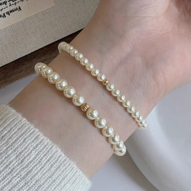 VENTFILLE 925 Sterling Silver 3-5CM Pearl Bracelet For Women Golden Beads Round Elastic Romantic Retro Jewelry Gift Dropshipping