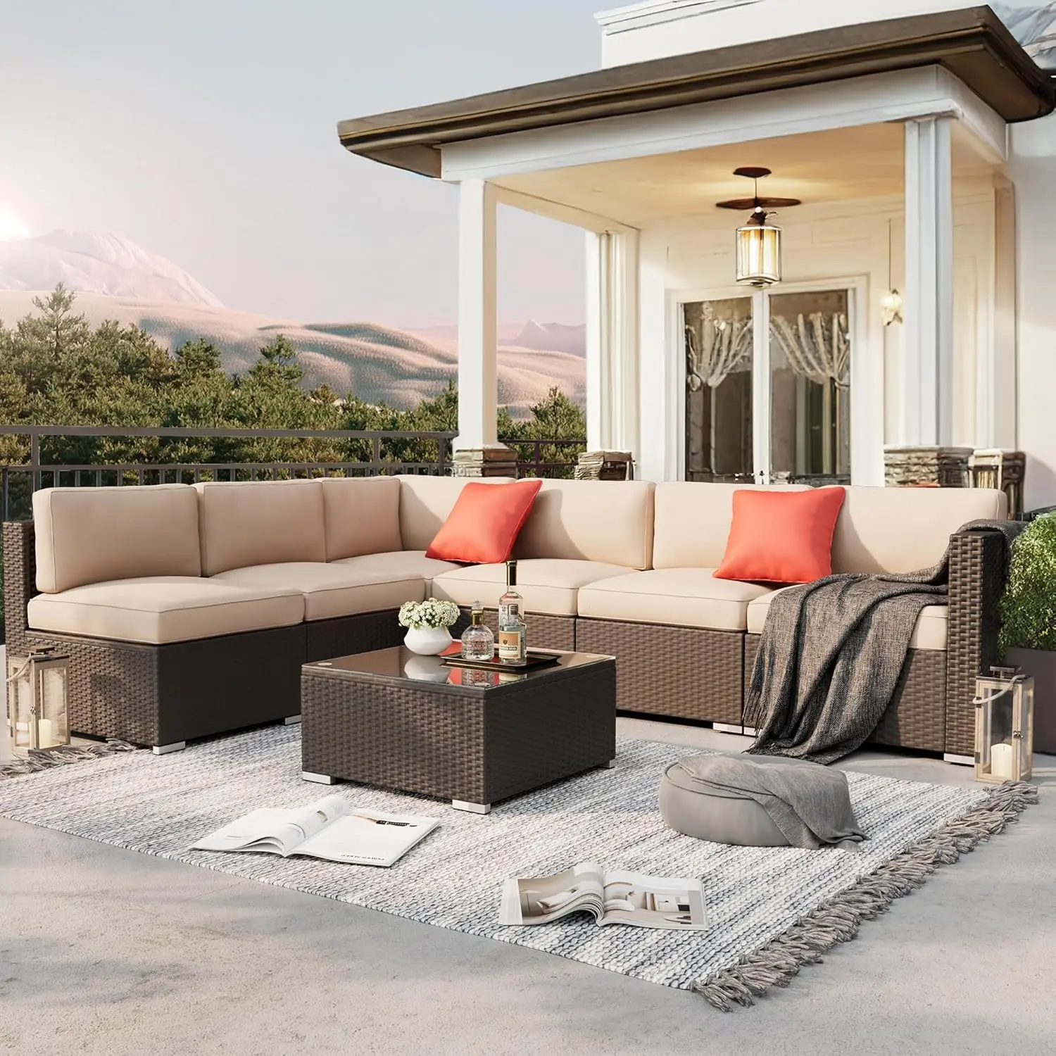 7-Piece Outdoor Patio Furniture Sofa Set All-Weather Wicker Sectional Conversation Set with Modern Glass Coffee Table