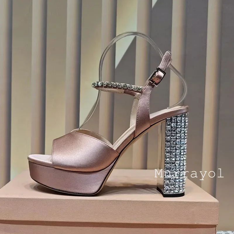 Sandals Silk Satin Platform Sandalias Mujer Women Rhinestone Decor Chunky High Heels Summer Party Dress Shoes Wedding Shoes view 2