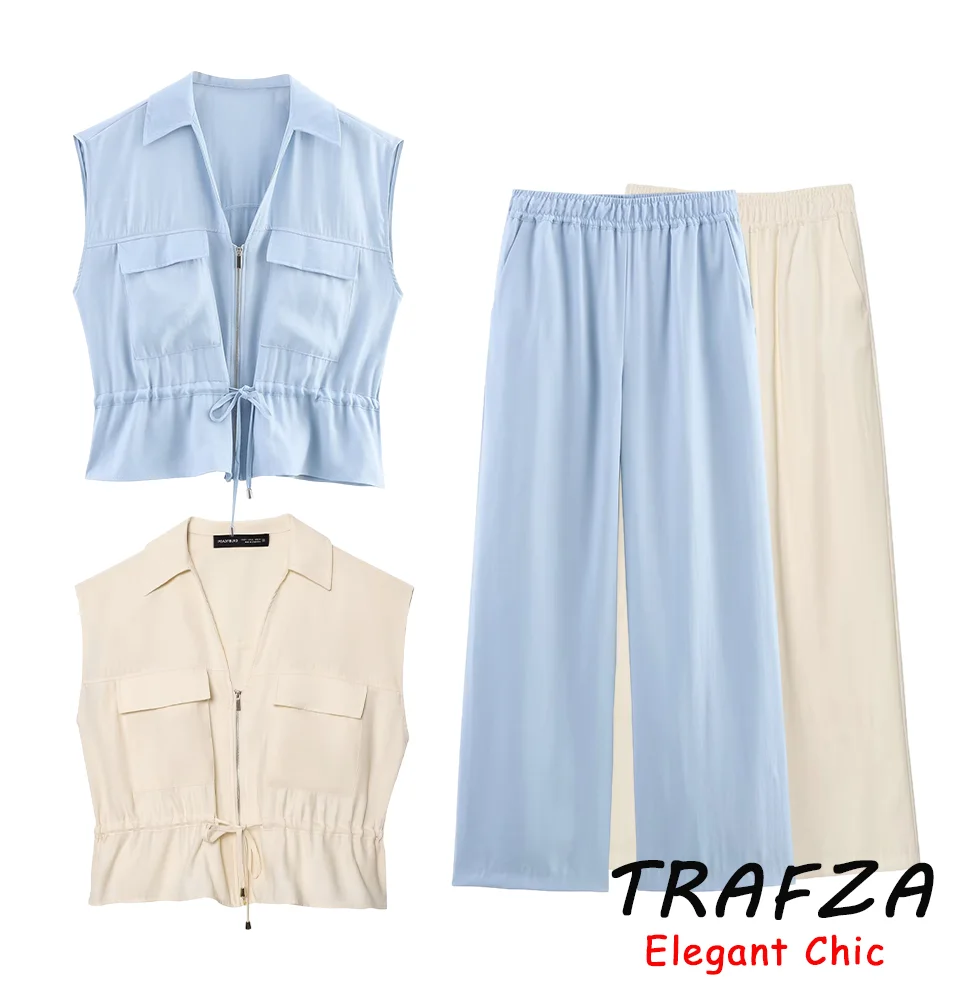 

TRAFZA Women Casual Chic Pant Set Zipper V-neck Lacing Vest Elastic Waist Pant 2025 Summer Fashion Minimalist Elegant Vest Set