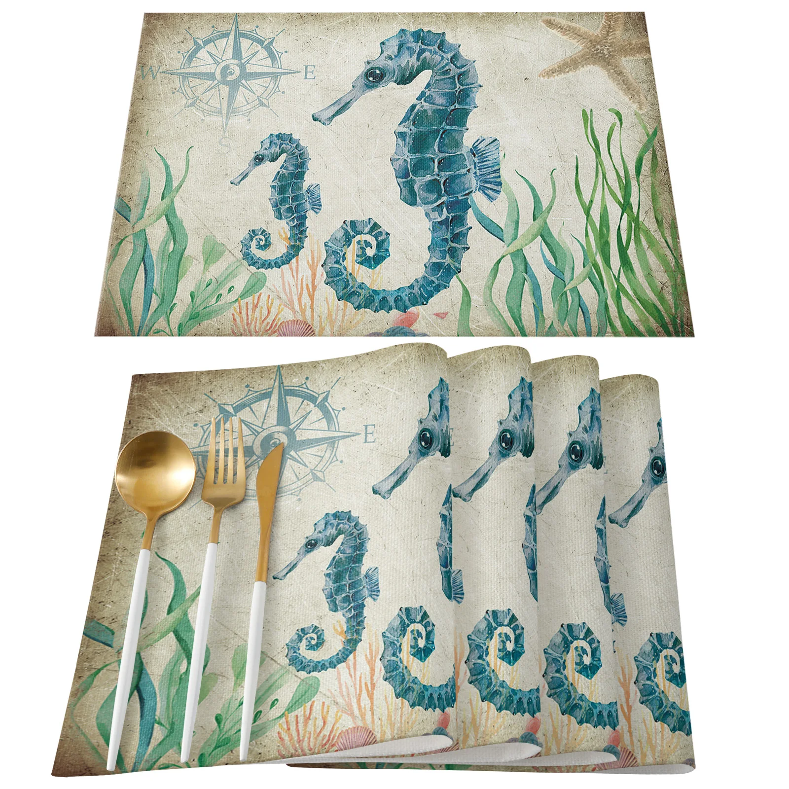 Marine Themed Animal Seahorse Retro Modern Table Runner Home Table Decor Cotton Linen Table Flag Hotel Wedding Tablecloth