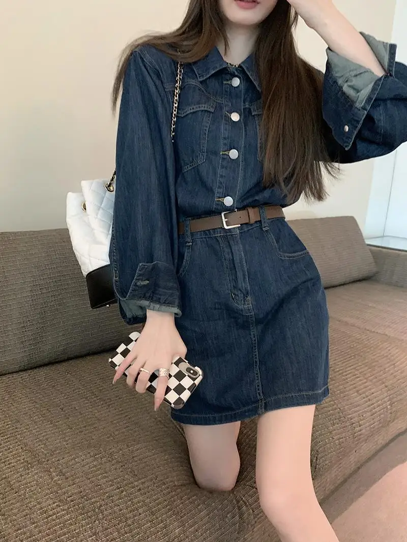 Denim Dresses Women Stylish Vintage Long Sleeve Pocket Casual Autumn High Waist Fashion Korean Style New Simple Minority A-line