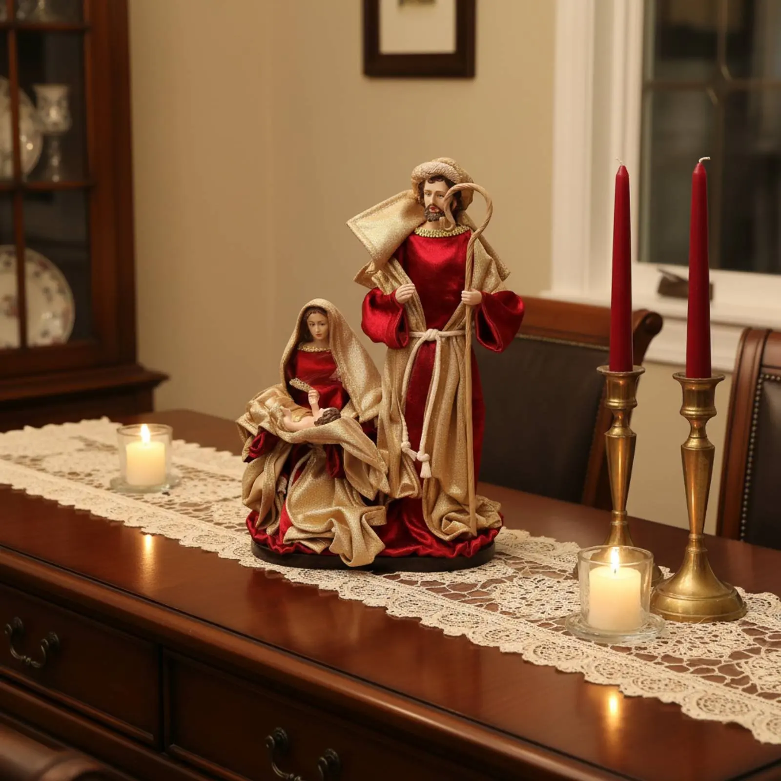 13 Inch Holy Family Figurine Freestanding Textile Dressed Nativity Statue Christmas Manger Scene Decoration Elegant Design