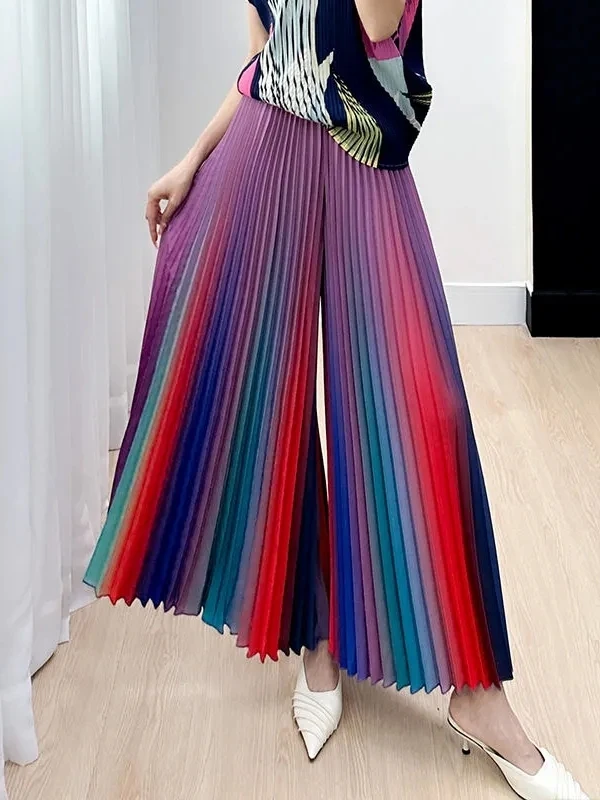 Gradual Color Wide Leg Pants Pleated Skirt Loose High Waist Thin Summer Long Trousers for Women Commute Style Korean Version